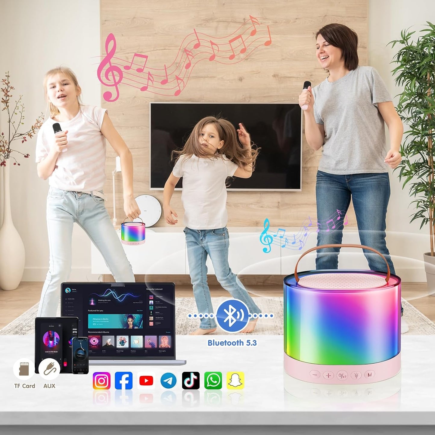 400066 Mini Karaoke Machine for Kids Adults, Portable Bluetooth Speaker with 2 Wireless Microphones