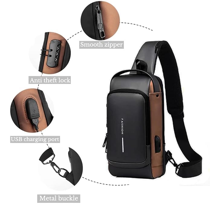 400047 Waterproof Anti-Theft Crossbody Bag for Men & women  with Password Zipper Lock & USB Charging Port – Sling Backpack for Travel & Hiking