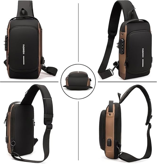400047 Waterproof Anti-Theft Crossbody Bag for Men & women  with Password Zipper Lock & USB Charging Port – Sling Backpack for Travel & Hiking