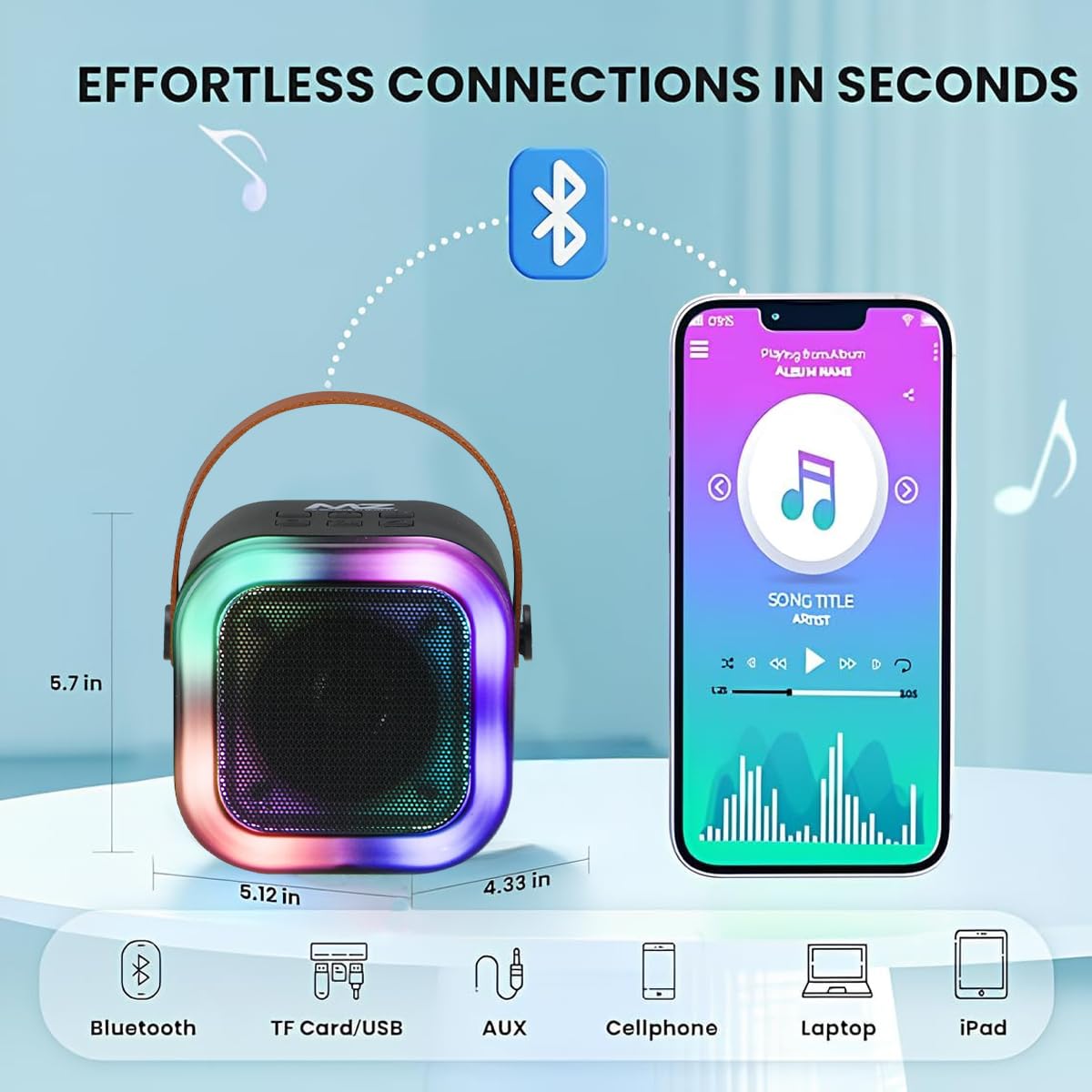 MZ S664 Wireless Karaoke Speaker with Wireless Microphone | 5W Bluetooth Speaker | RGB LED Lights | HD Stereo Sound | TWS | USB, TF Card | Portable Party Speaker for Kids & Adults