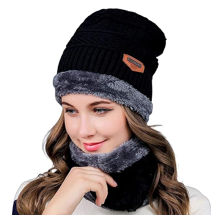 400003 Winter Wool Beanie Cap & Muffler (Multi Colour) (Pack of 2)