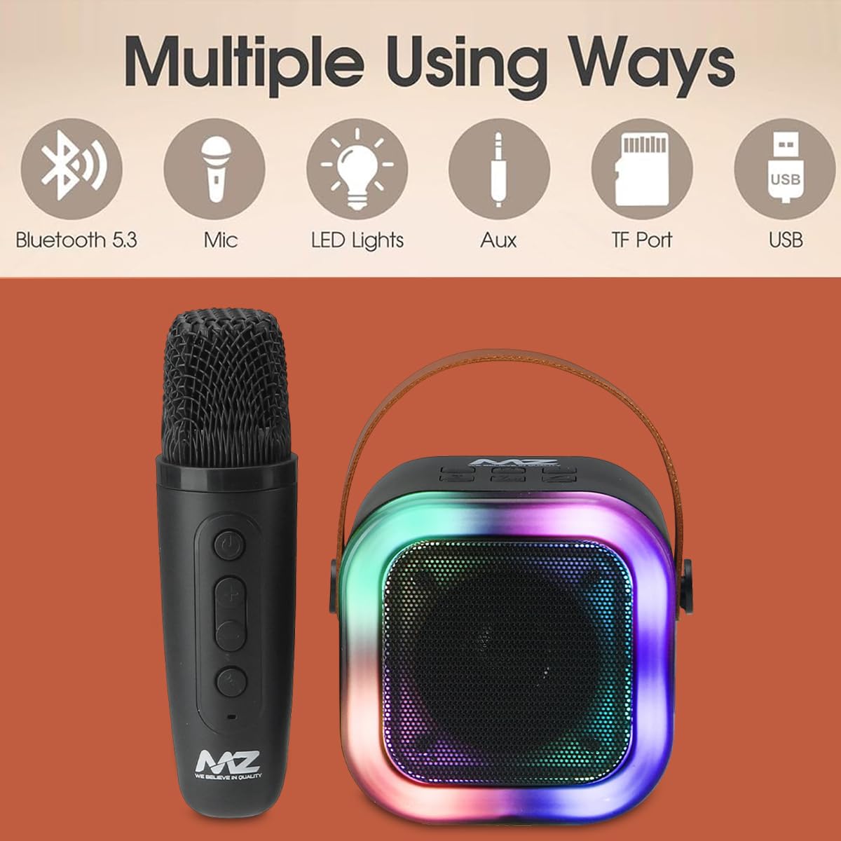 MZ S664 Wireless Karaoke Speaker with Wireless Microphone | 5W Bluetooth Speaker | RGB LED Lights | HD Stereo Sound | TWS | USB, TF Card | Portable Party Speaker for Kids & Adults