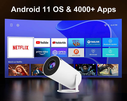 400039 Smart Portable Android 11 Mini Projector, 220 ANSI, 4K/1080P, Wi-Fi 5G BT 5.0, 180 Degree Rotation