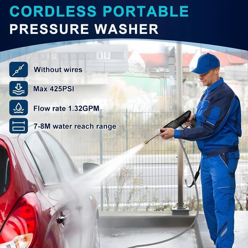 400014 Pressure Washer Gun 48V 12000mah High Pressure Water Gun for Car Wash Bike Washing Cleaning| Adjustable Nozzle and 5M Hose Pipe (Double Battry)