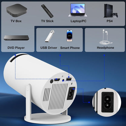 400039 Smart Portable Android 11 Mini Projector, 220 ANSI, 4K/1080P, Wi-Fi 5G BT 5.0, 180 Degree Rotation