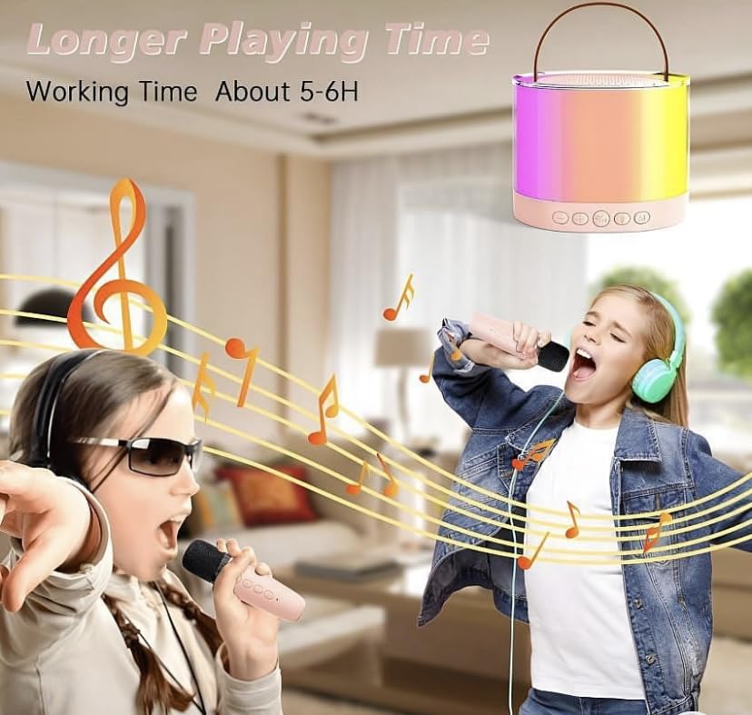 400066  Mini Karaoke Machine for Kids Adults, Portable Bluetooth Speaker with 2 Wireless Microphones