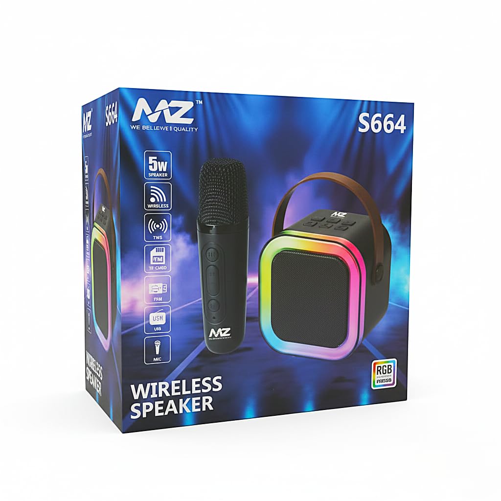 MZ S664 Wireless Karaoke Speaker with Wireless Microphone | 5W Bluetooth Speaker | RGB LED Lights | HD Stereo Sound | TWS | USB, TF Card | Portable Party Speaker for Kids & Adults