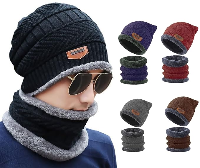 400003 Winter Wool Beanie Cap & Muffler (Multi Colour) (Pack of 2)