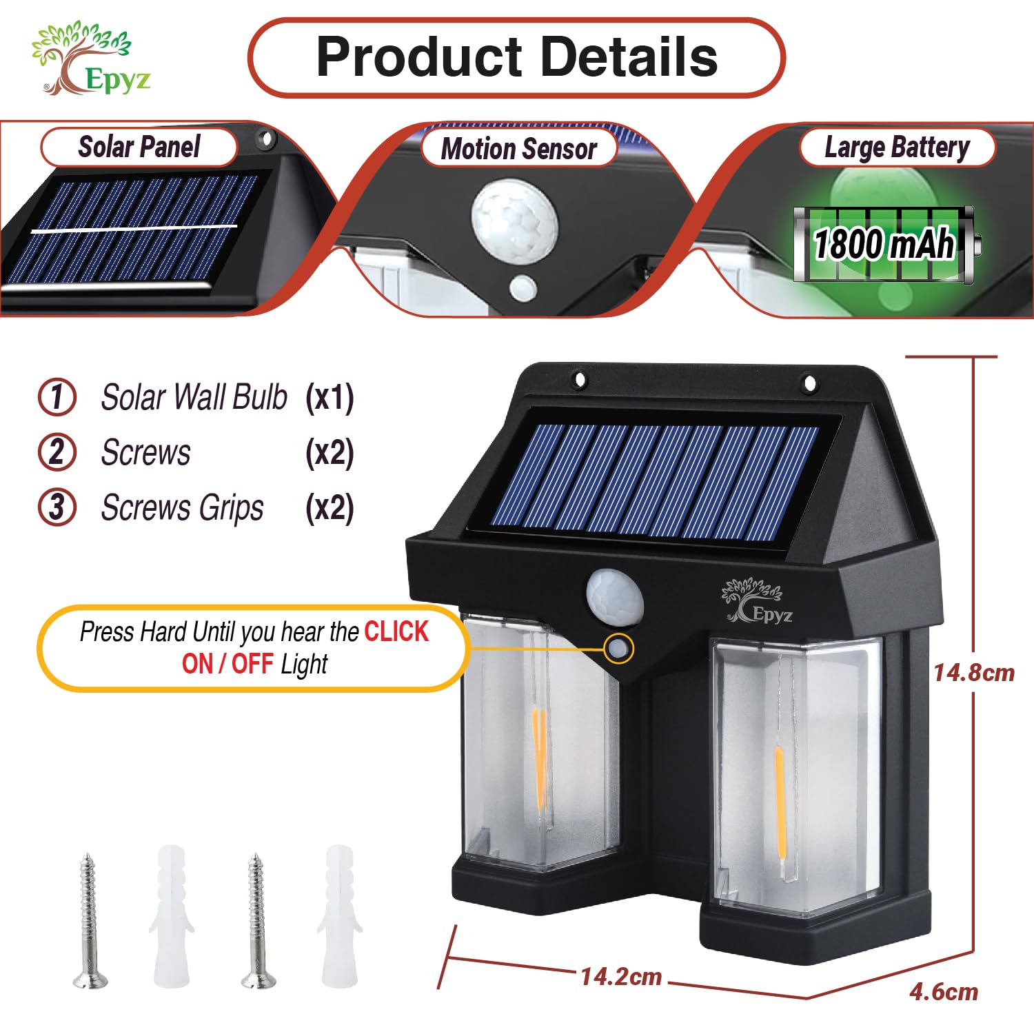 400023 Outdoor Waterproof Solar Double Wall Motion Sensor Light, 3 Lighting Modes Solar Security Wall Light