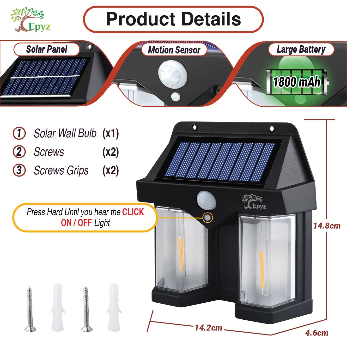 400023 Outdoor Waterproof Solar Double Wall Motion Sensor Light, 3 Lighting Modes Solar Security Wall Light