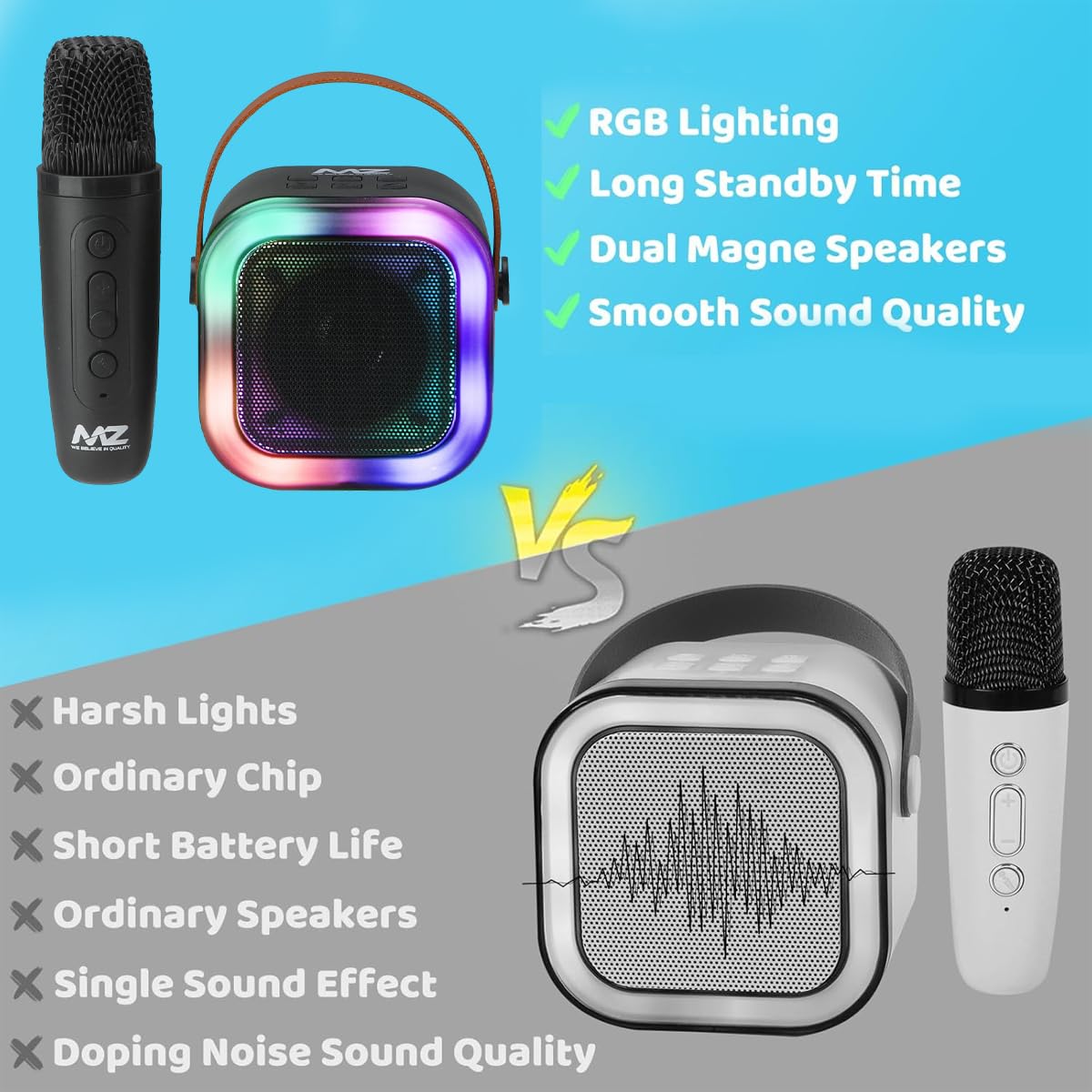 MZ S664 Wireless Karaoke Speaker with Wireless Microphone | 5W Bluetooth Speaker | RGB LED Lights | HD Stereo Sound | TWS | USB, TF Card | Portable Party Speaker for Kids & Adults