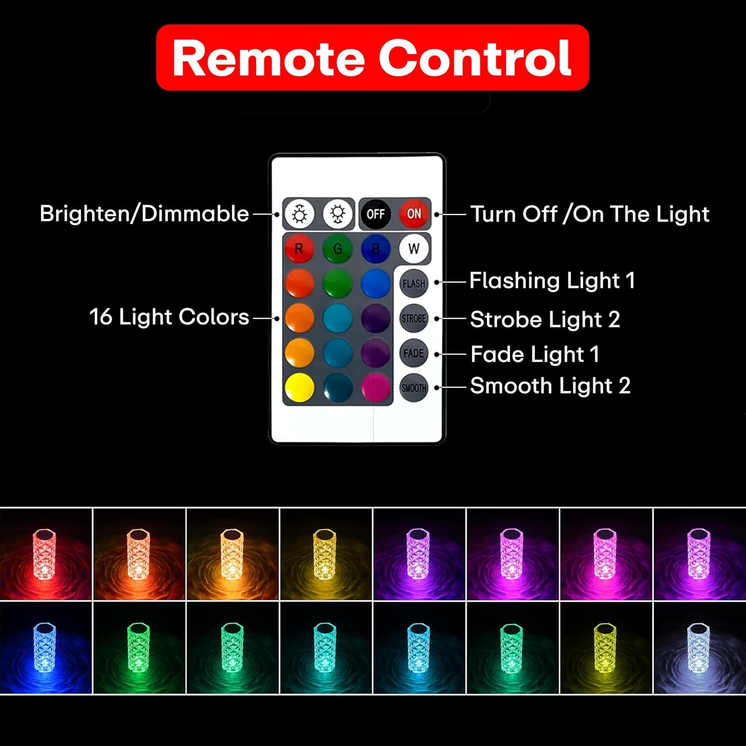 400032 Crystal Lamp,16 Color Changing Rose Crystal Diamond Table Lamp
