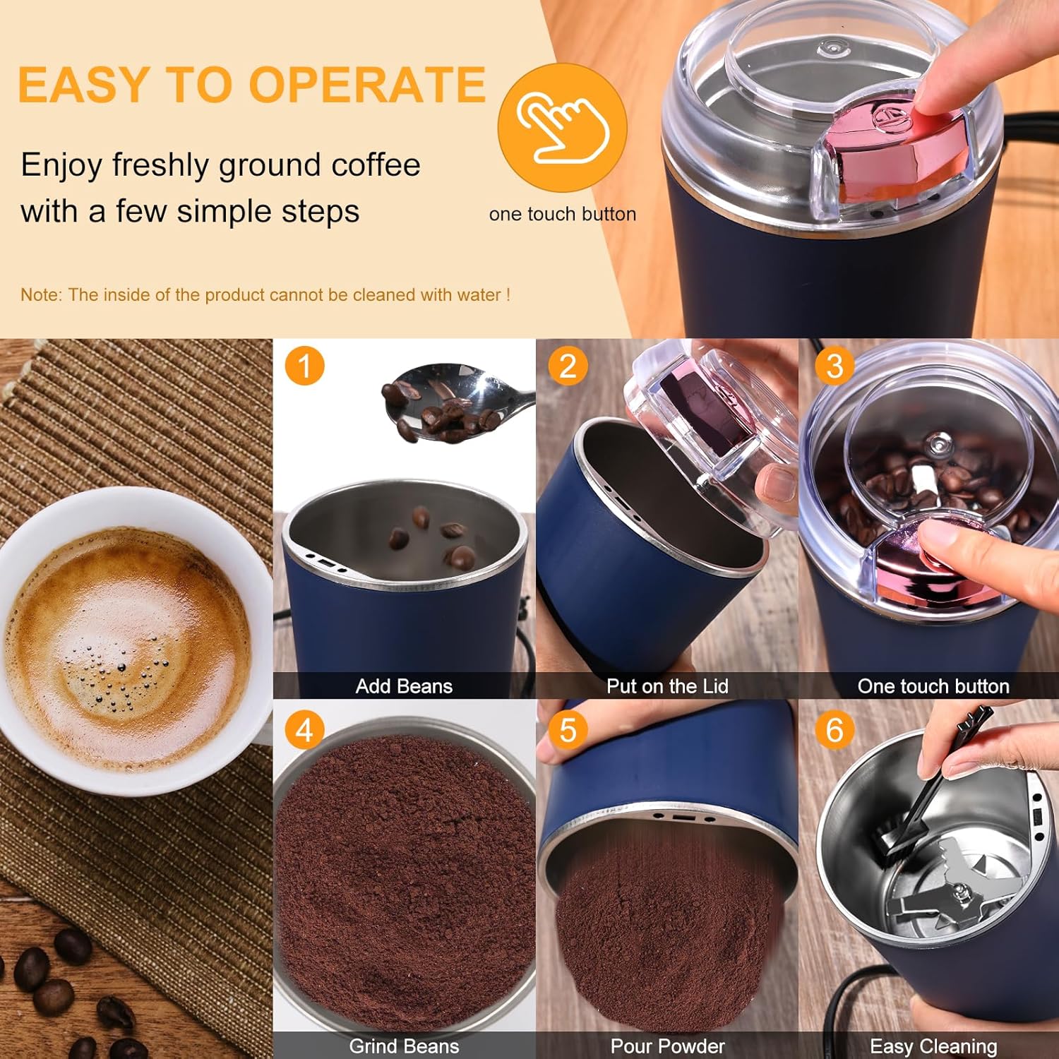 400028 Electric Coffee Grinder, Multifunctional Coffee Grinder 200 W with Stainless Steel Blades Electric Coffee Grinder