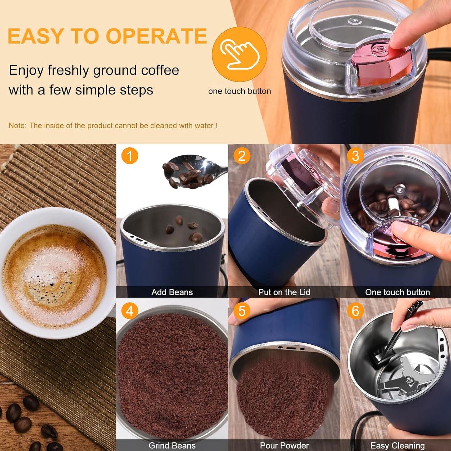 400028 Electric Coffee Grinder, Multifunctional Coffee Grinder 200 W with Stainless Steel Blades Electric Coffee Grinder