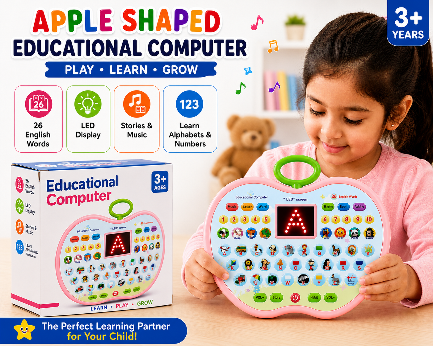 Interactive Apple Educational Computer for Kids | Talking Alphabet & Numbers Learning Toy | LED Display | 26 English Words | Music, Story & Animal Sounds | Preschool Educational Toy (3+ Years)