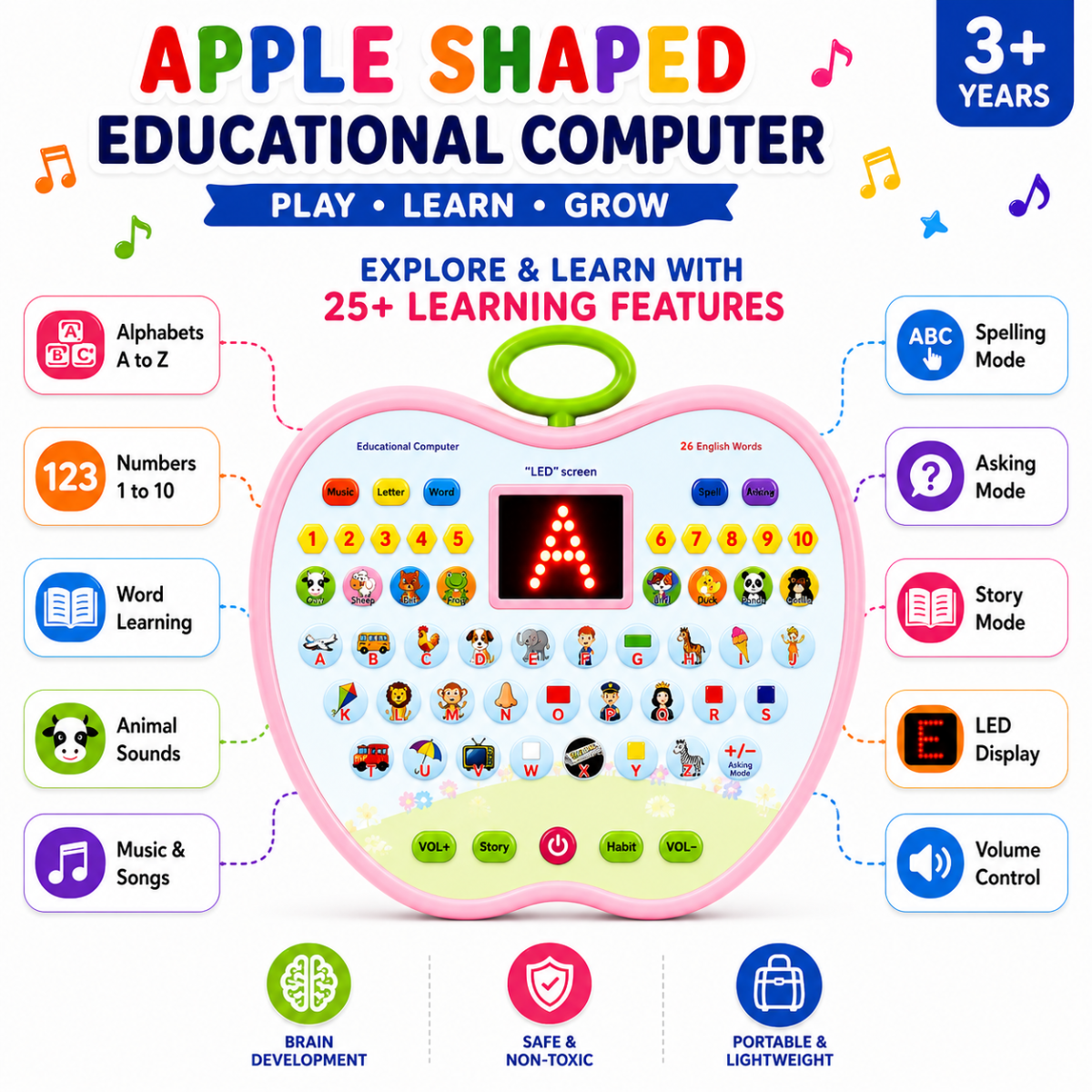 Interactive Apple Educational Computer for Kids | Talking Alphabet & Numbers Learning Toy | LED Display | 26 English Words | Music, Story & Animal Sounds | Preschool Educational Toy (3+ Years)