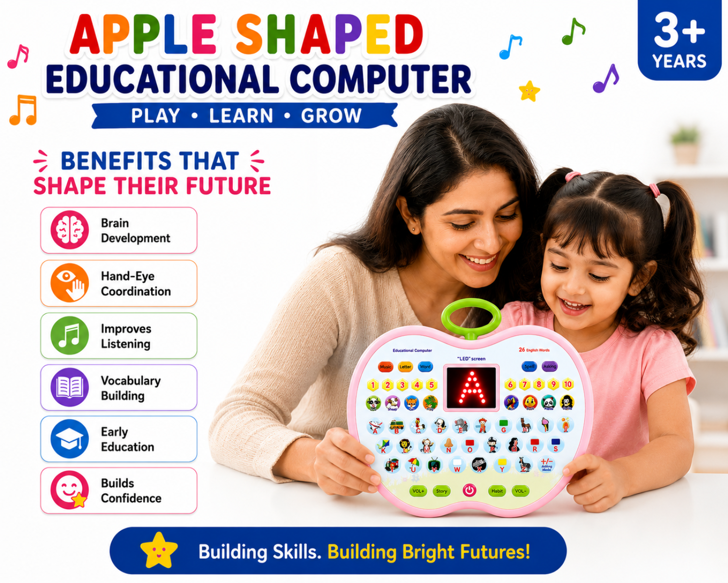 Interactive Apple Educational Computer for Kids | Talking Alphabet & Numbers Learning Toy | LED Display | 26 English Words | Music, Story & Animal Sounds | Preschool Educational Toy (3+ Years)