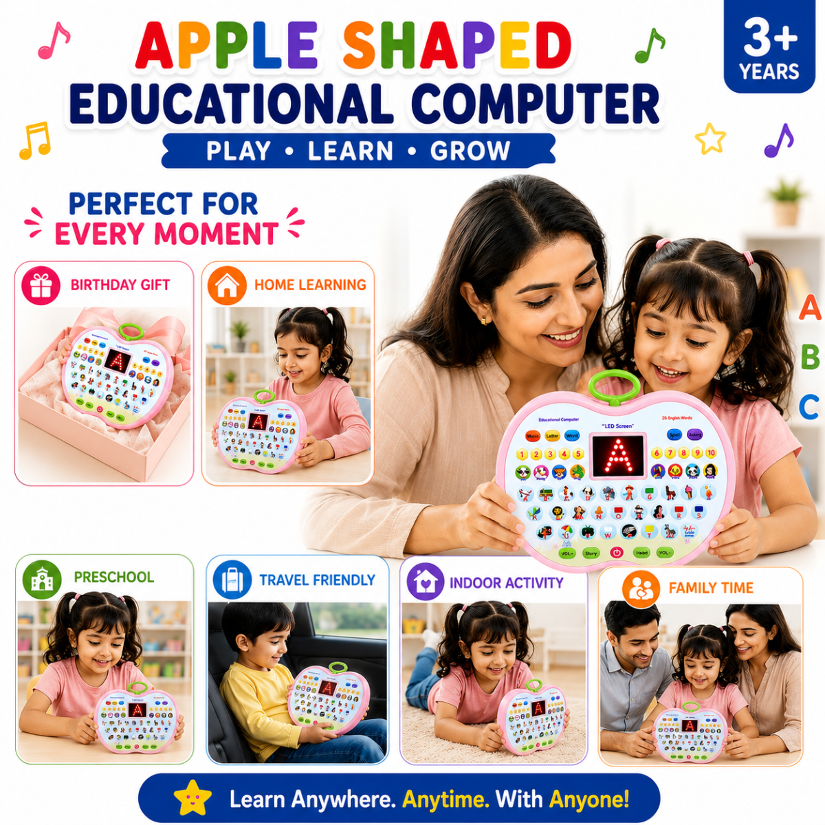 Interactive Apple Educational Computer for Kids | Talking Alphabet & Numbers Learning Toy | LED Display | 26 English Words | Music, Story & Animal Sounds | Preschool Educational Toy (3+ Years)