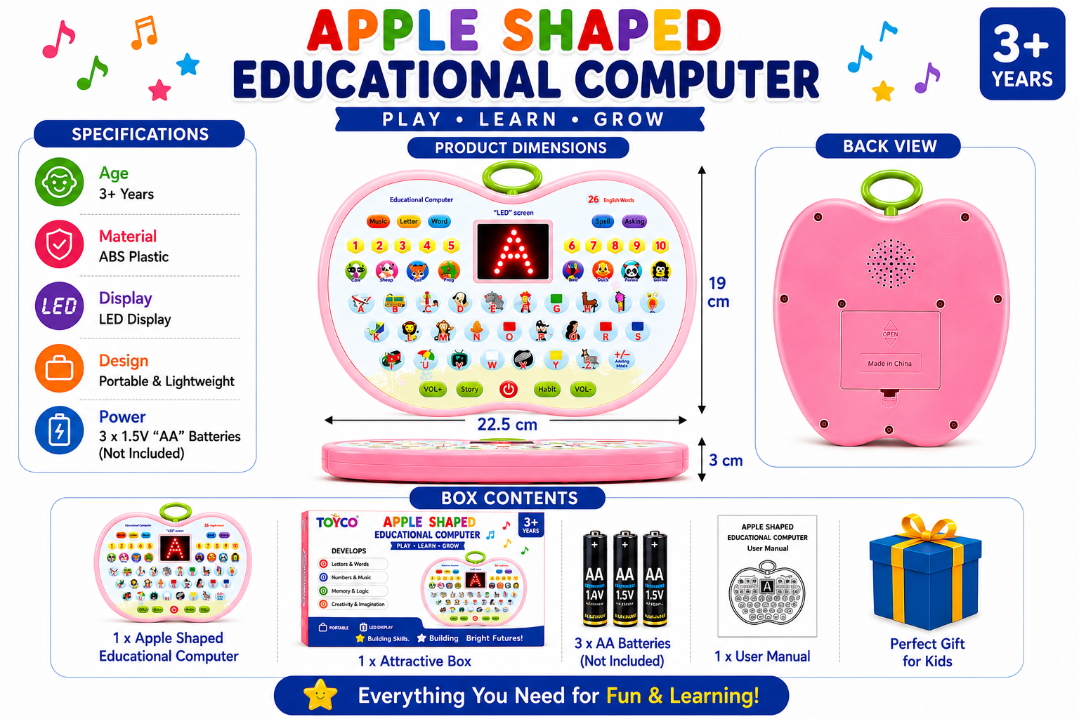 Interactive Apple Educational Computer for Kids | Talking Alphabet & Numbers Learning Toy | LED Display | 26 English Words | Music, Story & Animal Sounds | Preschool Educational Toy (3+ Years)