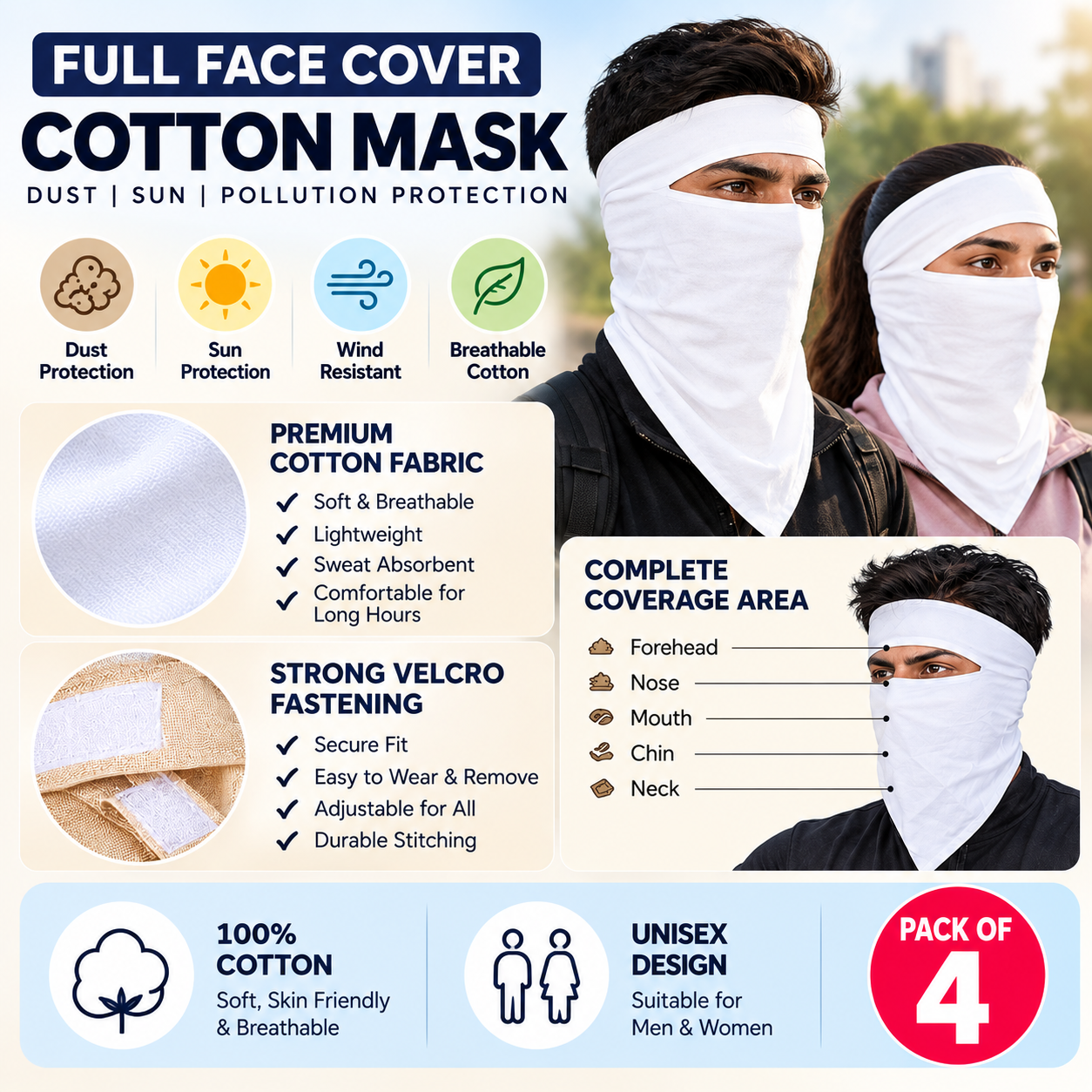Cotton Face Mask – White (Pack of 4)