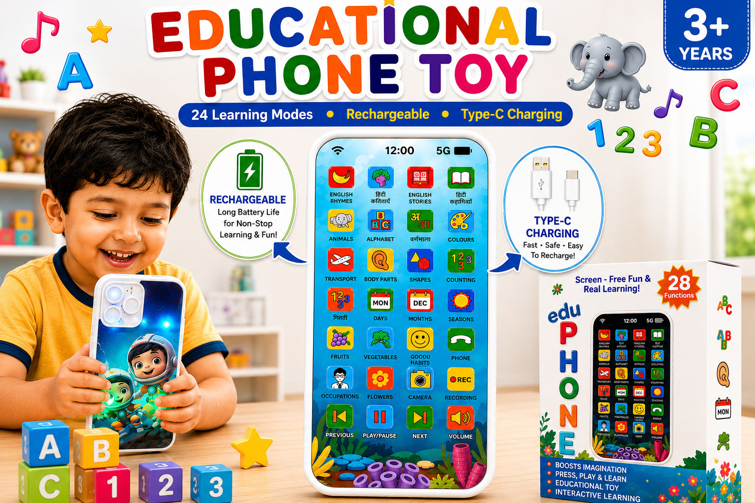 Educational Phone Toy for 2-12 Years Kids Rechargeable Type C 24 Modes Talking Baby Smart Phone Mobile