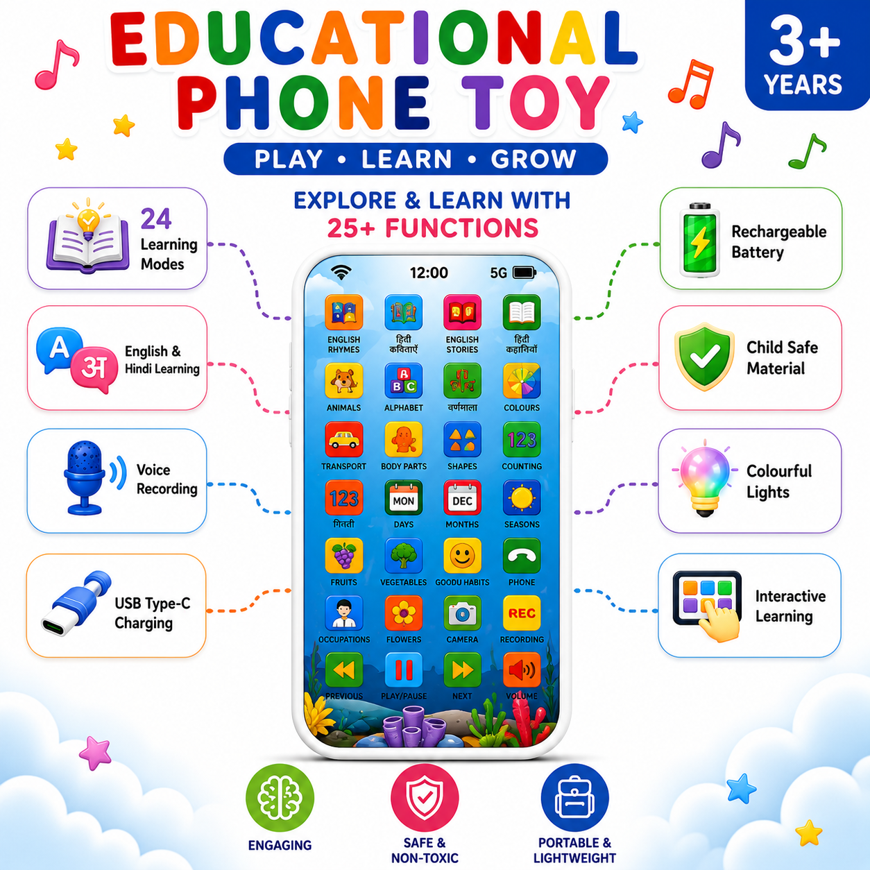 Educational Phone Toy for 2-12 Years Kids Rechargeable Type C 24 Modes Talking Baby Smart Phone Mobile