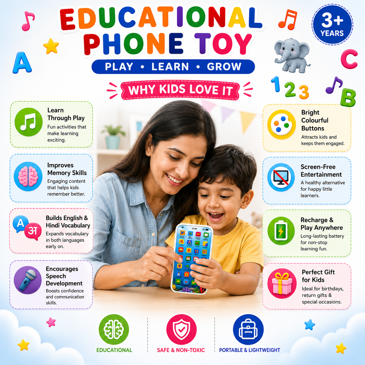 Educational Phone Toy for 2-12 Years Kids Rechargeable Type C 24 Modes Talking Baby Smart Phone Mobile