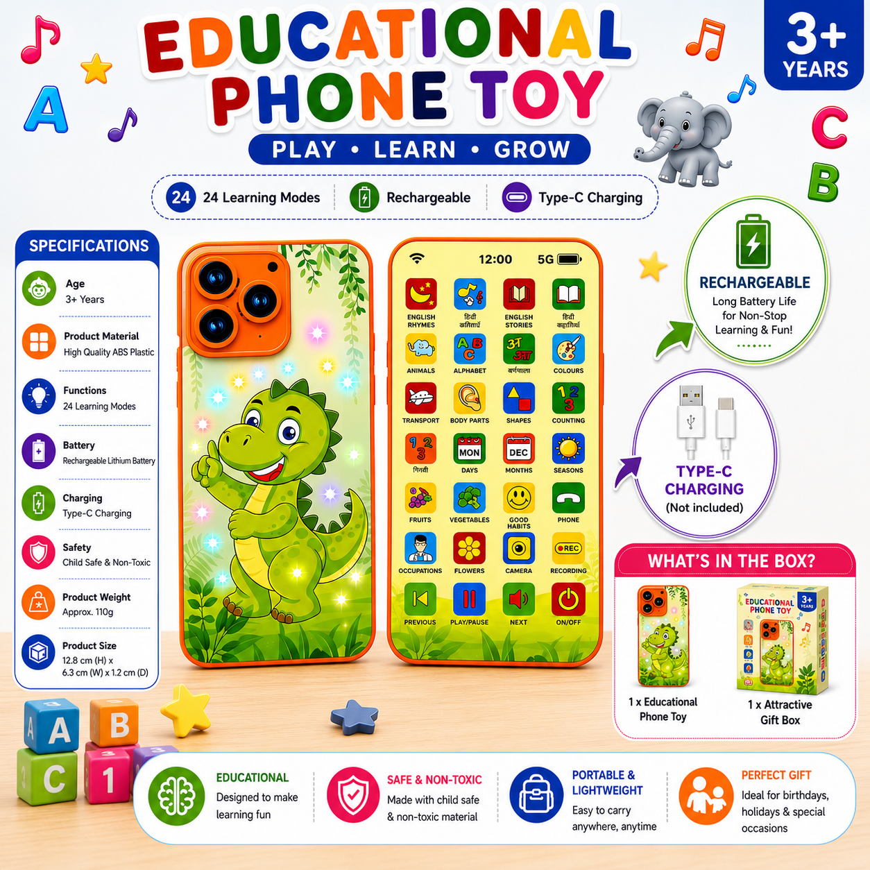 Educational Phone Toy for 2-12 Years Kids Rechargeable Type C 24 Modes Talking Baby Smart Phone Mobile