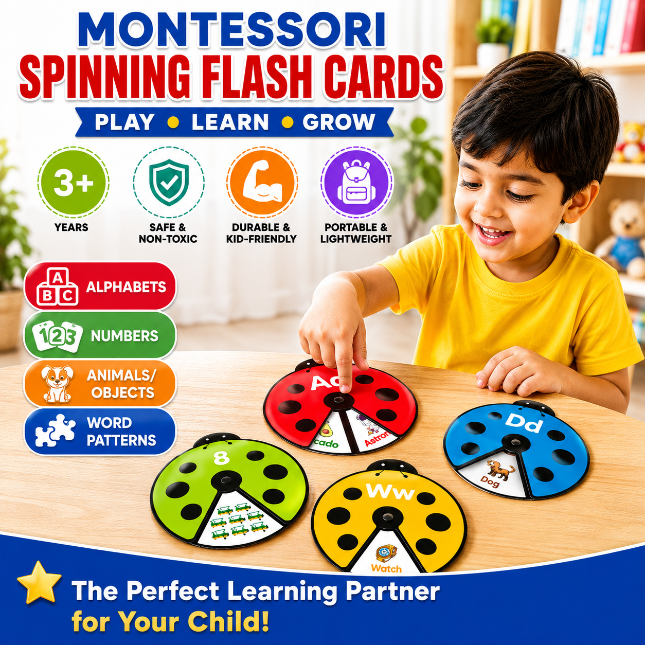 Montessori Spinning Flash Cards for Kids | Interactive Learning Toy for Alphabets, Numbers & Words | 3+ Years