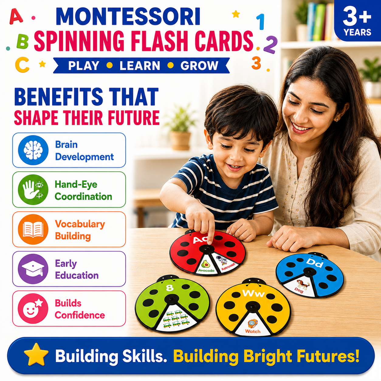 Montessori Spinning Flash Cards for Kids | Interactive Learning Toy for Alphabets, Numbers & Words | 3+ Years