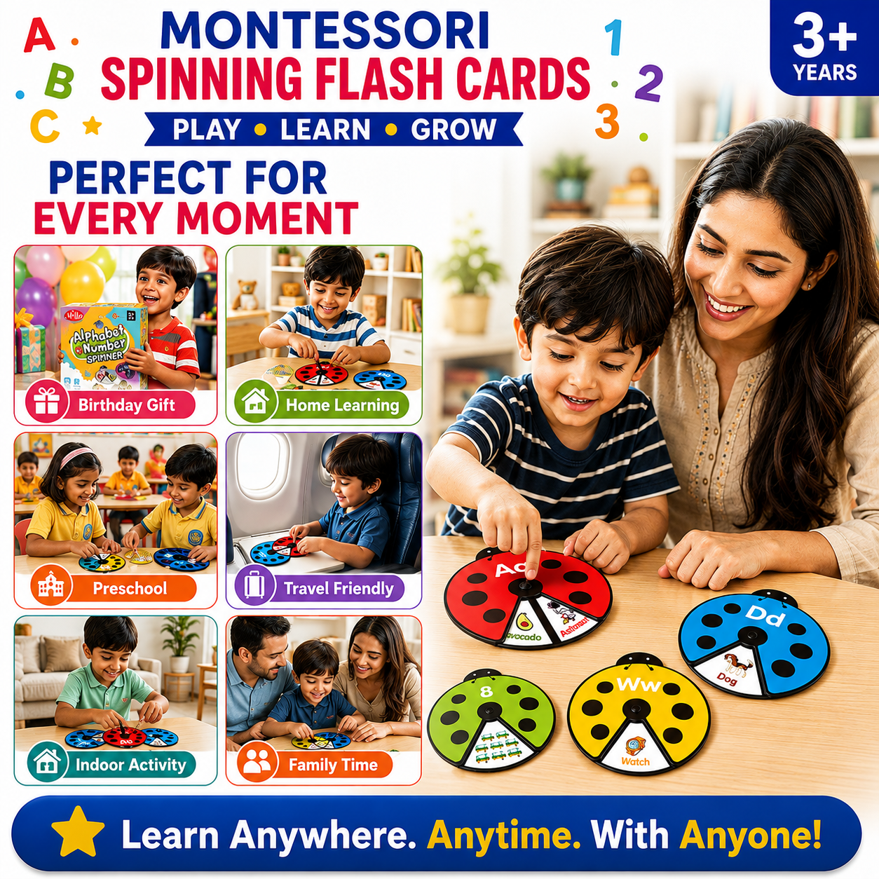 Montessori Spinning Flash Cards for Kids | Interactive Learning Toy for Alphabets, Numbers & Words | 3+ Years