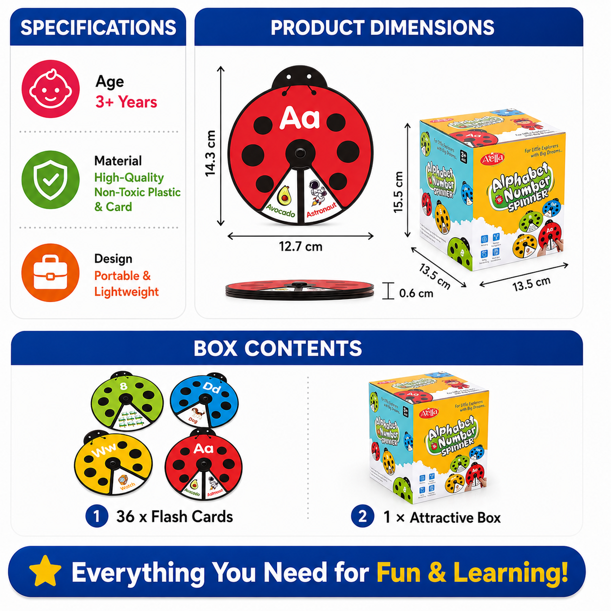 Montessori Spinning Flash Cards for Kids | Interactive Learning Toy for Alphabets, Numbers & Words | 3+ Years