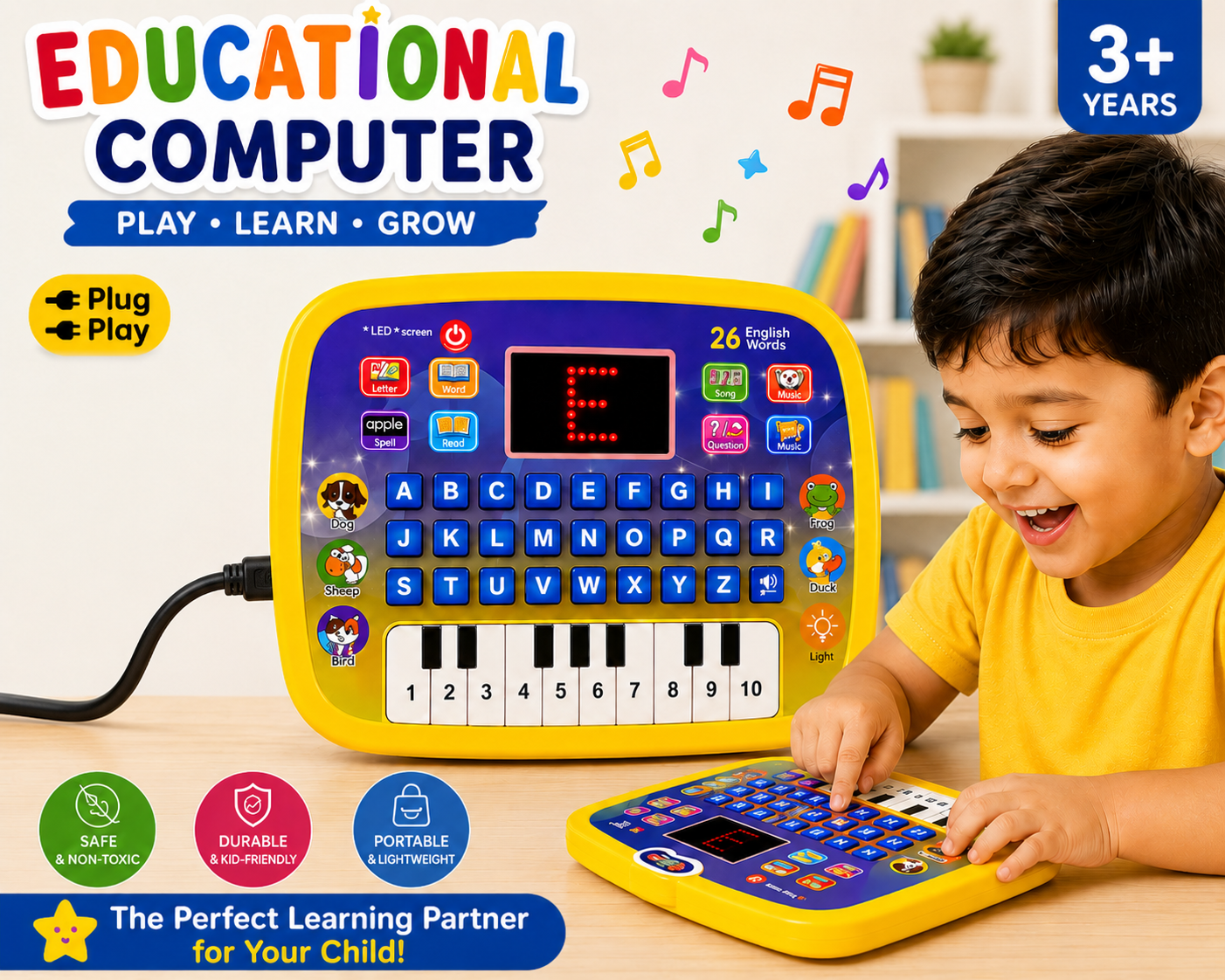 Educational Computer for Kids with Piano & LED Display | 26 Learning Activities | USB Powered | Interactive Learning Toy for Boys & Girls (3+ Years)