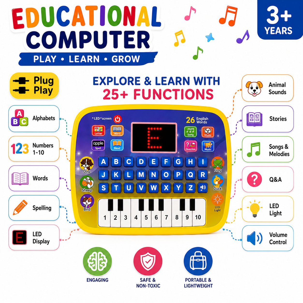 Educational Computer for Kids with Piano & LED Display | 26 Learning Activities | USB Powered | Interactive Learning Toy for Boys & Girls (3+ Years)