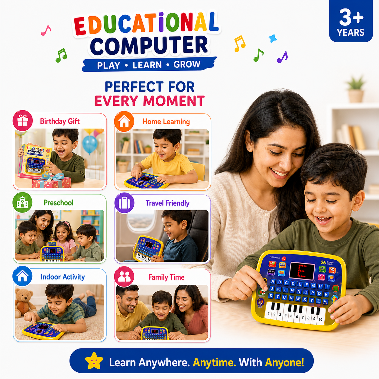 Educational Computer for Kids with Piano & LED Display | 26 Learning Activities | USB Powered | Interactive Learning Toy for Boys & Girls (3+ Years)