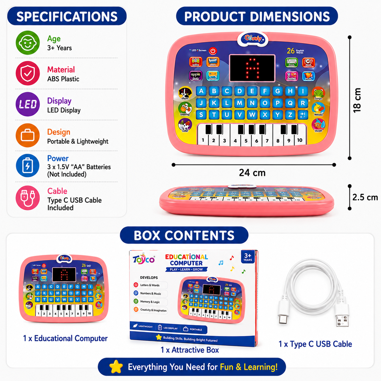 Educational Computer for Kids with Piano & LED Display | 26 Learning Activities | USB Powered | Interactive Learning Toy for Boys & Girls (3+ Years)